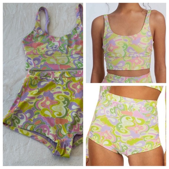 New! SET Beach Riot Leah Crop Felicia Boyshort Psychedelic Sunshine 31123 - Picture 1 of 14